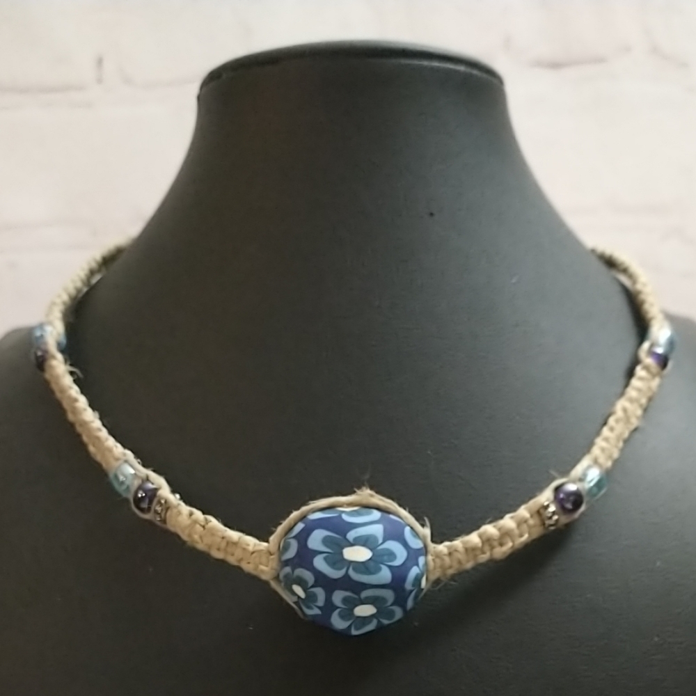 Handmade Hippie Boho Hemp Choker Necklace Blue Flower Milefiori Fimo Clay Bead